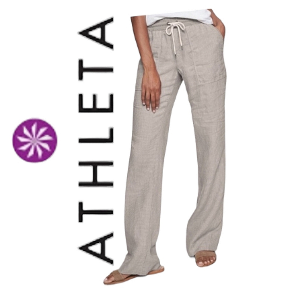 Athleta Bali Womens White 100% Linen Straight Leg Drawstring Waist Pants Sz 2